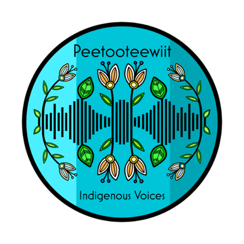 Logo of sound waves that says "Peetooteewiit - Indigenous Voices" with anishinaabe florals
